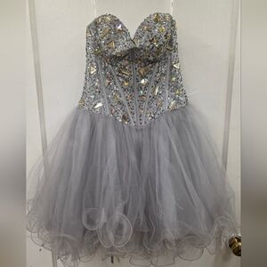 Juliet Strapless Corset Mini Dress Gray Tulle Sequin Beaded XS
